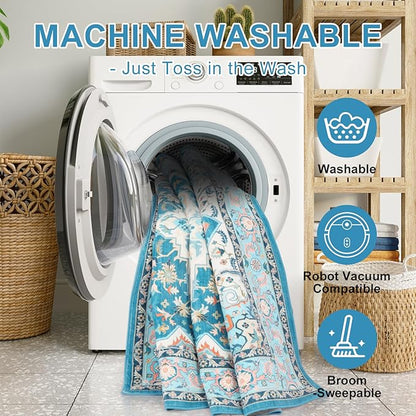 WILLSUN Washable Area Rugs, 6x9 Non-Slip Boho Large Area Rugs for Living Room, Bedroom, Machine Washable Vintage Rug, Indoor Floral Print Carpet for Home Decor, Kid & Pet Friendly Mat