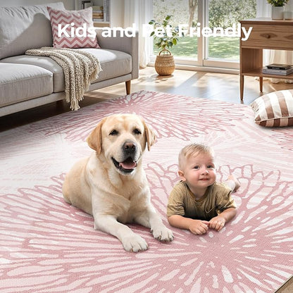 WITSHOCK Pink Rugs 8x10 for Bedroom Girls,Floral Modern Distress Print Pattern Carpet for Living Room Dining Room,Stain Resistant Anti Slip Backing Rugs for Kids Room Nursery Playroom,Light Pink