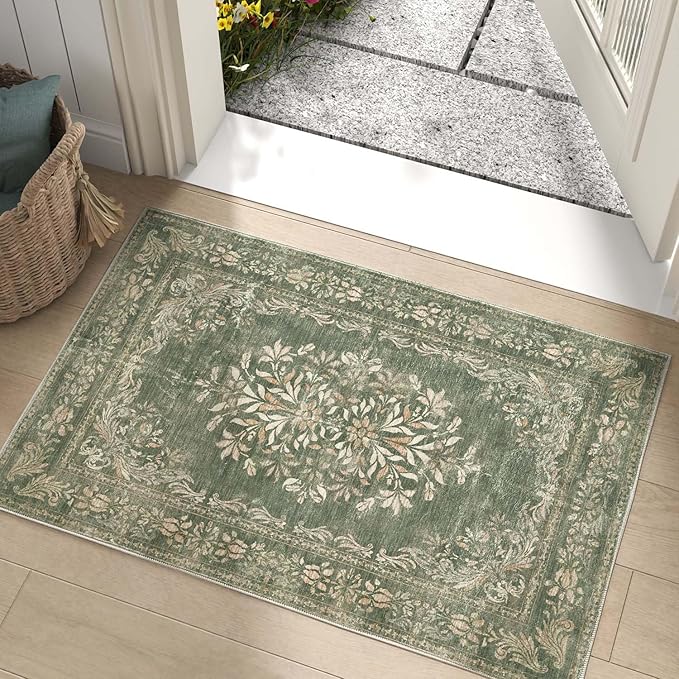 jinchan Green Floral 2x3 Rug for Entryway - Vintage Washable Area Rug Ultra-Thin Low Pile Soft Small Non Slip Distressed Doormat for Entrance Kitchen Bathroom Bedroom (2x3ft,Dark Green)