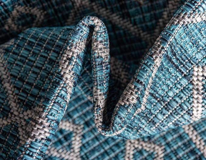 Unique Loom Outdoor Trellis Collection Area Rug - Tribal Trellis (2' x 6' 1" Runner, Teal/ Ivory)