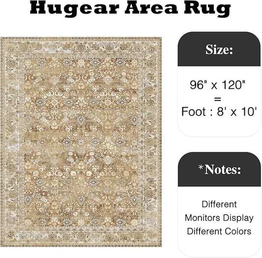 HUGEAR 8x10 Machine Washable Rugs Brown Beige Hallway Large Area Rug Indoor Accent Rug Floral Low Pile Carpet Soft Throw Aesthetic Rug Bedroom Living Room Office Dining Room Kitchen Laundry Room