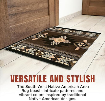 YHSF South West Native American Area Rug C318 - Easy Clean, Thick, Soft, Durable Native Tribal American Indian Inspired Rug for Bedroom/Living Room and More - Chocolate Brown, 8 Feet x 10 Feet