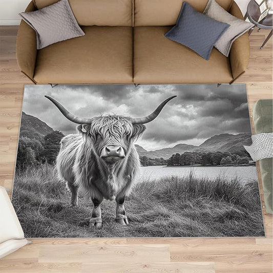 Highland Cattle Rugs for Bedroom - 3x5 Area Rug - Black White Highland Cattle Rugs for Living Room, 3D Natural Landscape Rug, Non-Slip Washable Home Decor Carpet