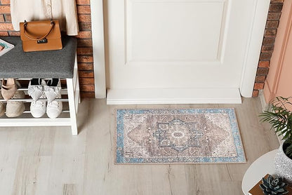 GLN Rugs Traditional Collection - Machine Washable Area Rug, Traditional Washable, Non Slip, Low Pile Chenille Rug, Living Room, Bedroom, Kitchen Rug (2' x 3' Brown/Blue)
