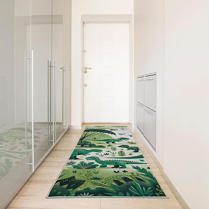 Ambesonne Dinosaur Decorative Rug, Modern Artwork of Jurassic Scenario with Dino Animals and Wild Jungle, Quality Carpet for Bedroom Dorm and Living Room, 2' 5" x 7' 5", Jade Green Teal White