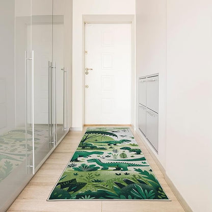 Ambesonne Dinosaur Decorative Rug, Modern Artwork of Jurassic Scenario with Dino Animals and Wild Jungle, Quality Carpet for Bedroom Dorm and Living Room, 2' 5" x 7' 5", Jade Green Teal White