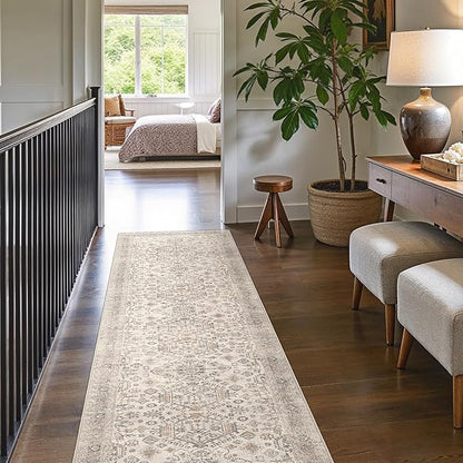Bavni Washable Runner Rug 2’6”x8’, Non Slip Vintage Hallway Runner, Ultra Thin Low Pile Washable Carpet for Kitchen Entryway Bedroom, Light Taupe Brown