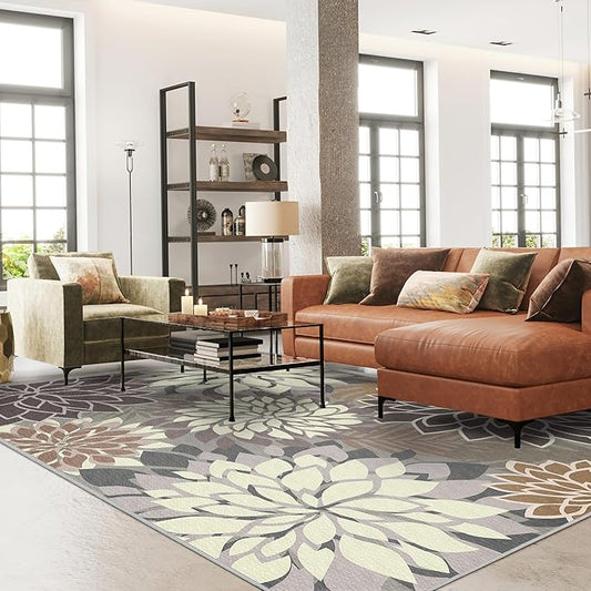 9x12 Outdoor Area Rug Washable Multicolored Patio Rug Tropical Botanical Floral Chenille Waterproof Outdoor Carpet Non-Slip for Deck, Backyard, Porch, Taupe
