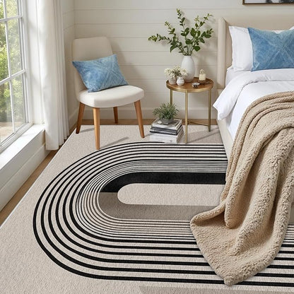 Modern Washable Rug for Living Room 6x9, Boho Abstract Striped Area Rugs, Soft Non Slip Low Pile Farmhouse Carpet for Bedroom Dining Room Kitchen, Stain Resistant, Pet Friendly, Beige Black