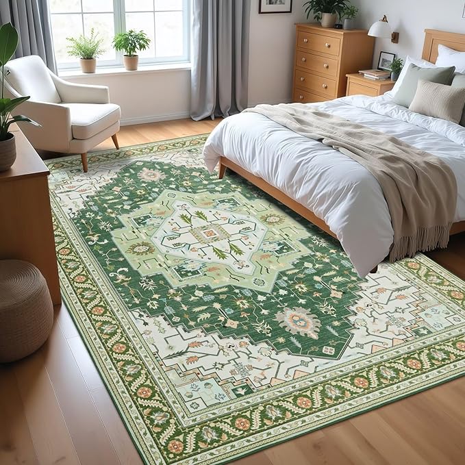 5x7 Green White Area Rug for Living Room, Machine Washable Rugs with Non-Slip Backing for Bedroom, Vintage Medallion Carpet Dining Room Office Kids Room Decor