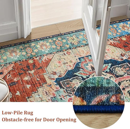 Large Area Rugs 9x12, Low Pile Washable Rugs - Soft Vintage Distressed Rugs for Living Room Bedroom, Office, Dining Room, Water Repellent & Non Shedding, Terracotta