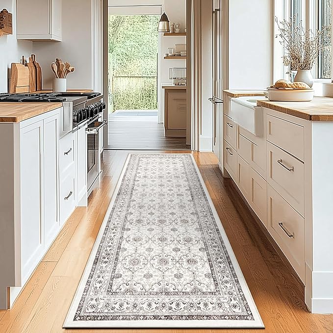 jinchan Hallway Runner Rug 2x10 - Machine Washable Beige Vintage Floral Distressed Design Soft Non-Slip Low-Pile Ultra-Thin Runner Rug for Kitchen Laundry Room Bedroom Farmhouse (2‘x10', Beige)