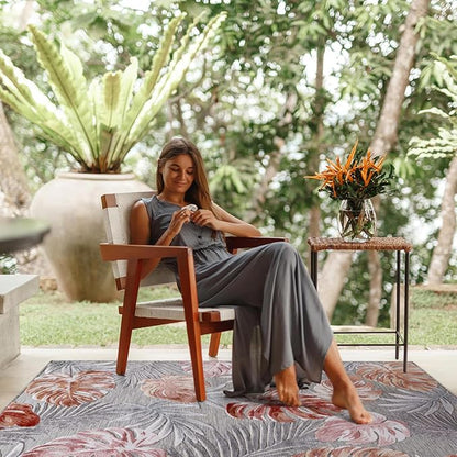 CAMILSON Indoor Outdoor Rug, Multi 5x7 Leaf Tropical Botanical Area Rugs for Indoor and Outdoor patios, Easy-Cleaning Non-Shedding Living Room, Garden and Kitchen Washable Outside Carpet (5 x 7)