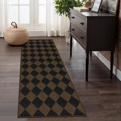 Easy Jute Checkered Runner Rug, 2x6 Coffee Modern Washable Rugs Runner for Hallway Non-Slip Kitchen Runner Rug, Geometric Diamond Indoor Outdoor Carpet for Porch Laundry Entryway