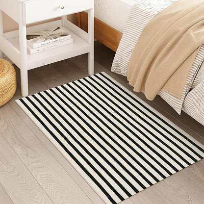 Black and White Striped Rugs 2.3'x3.6', Washable Hand Woven Front Door Rug, Reversible Outdoor Welcome Mat Foldable Layered Door Mats for Entryway Porch Decor Home Entrance