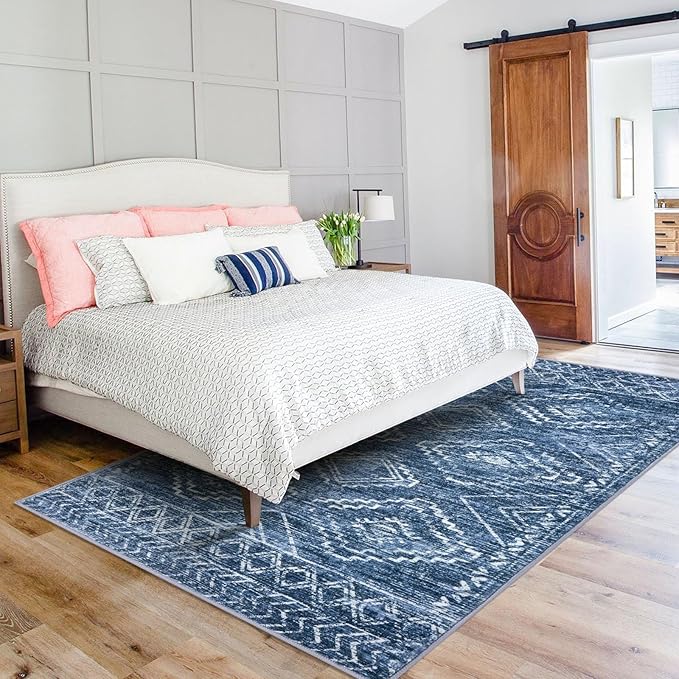KILOCOCO Living Room Rug 5x7 Area Rug Printed Boho Washable Bedroom Rugs Non Slip Soft Large Moroccan Indoor Rugs for Dining Room Office Farmhouse Geometric Carpet, Stonewashed Blue