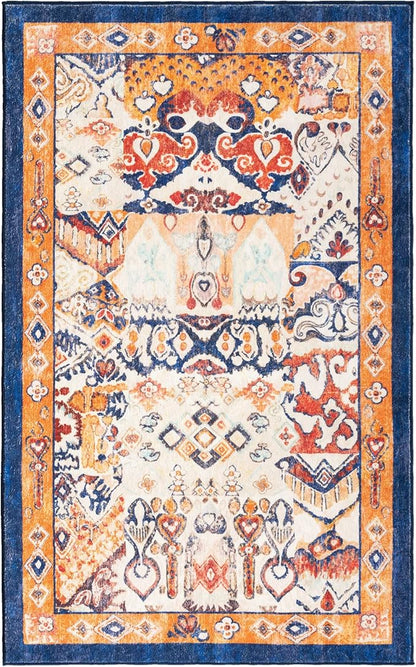 Phantoscope Washable Area Rug 3'x5' Non-Slip, Vintage Boho Rugs for Living Room, Bedroom, Dining Room, Distressed Persian Market Pattern, Low-Pile Foldable Floor Carpet, Navy/Orange