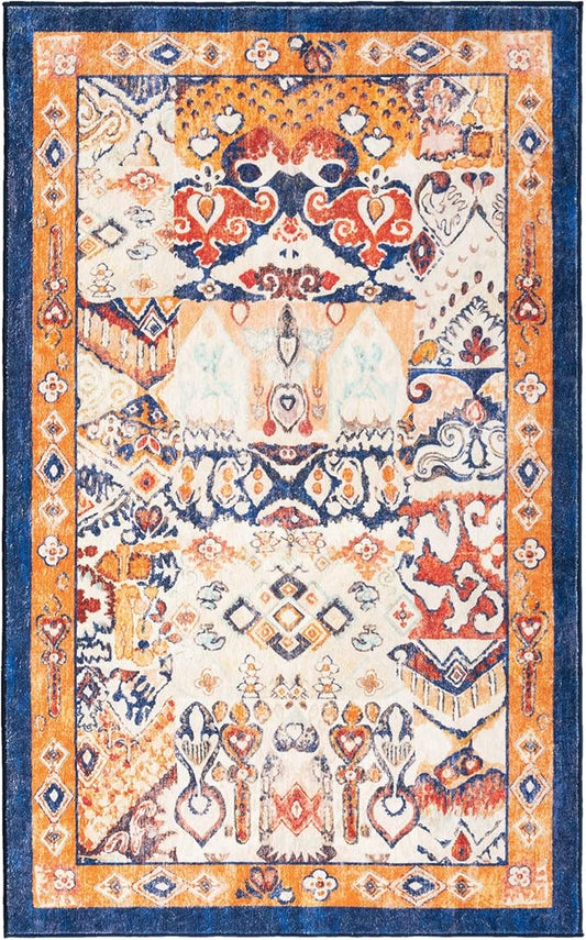Phantoscope Washable Area Rug 3'x5' Non-Slip, Vintage Boho Rugs for Living Room, Bedroom, Dining Room, Distressed Persian Market Pattern, Low-Pile Foldable Floor Carpet, Navy/Orange