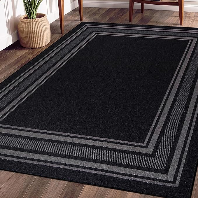 Beverly Rug Non Slip Area Rugs 3x5 Modern Bordered Non Skid Rubber Backing Soft Area Rug for Living Dining Room Easy to Clean Non Shedding Kitchen Bedroom Indoor Carpet 3 x 5 Black