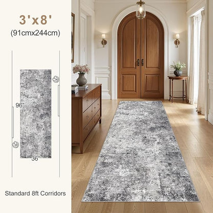 3X8 Washable Runner Rug for Hallway: Soft Neutral Modern Abstract Area Rug - Non-Slip Low Pile Long Throw Indoor Carpet for Kitchen Entryway Kitchen Bedroom Laundry Bathroom - Grey