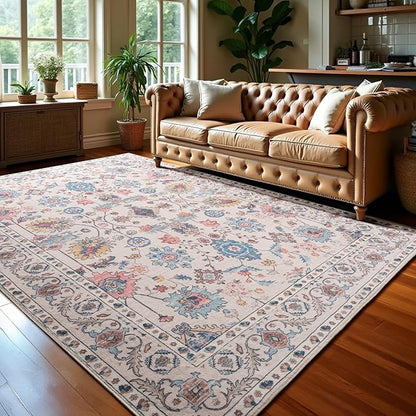 Area Rug for Living Room, 9x12 Washable Non Slip Large Faux Wool Throw Rug, 0.3″ Low Pile & Non-Shedding Boho Large Carpet Rugs for for Dining Room, Bedroom, Office (Beige)