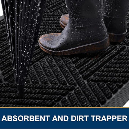 Kitinjoy Front Door Mat Outside Entrance, Sturdy Natural Dirt Trapper, Heavy Duty Rubber Doormat, Low Profile Non-Slip Backing, Easy Clean Floor Mat for Indoor Outdoor Entry, 29.5X17 Inch, Black
