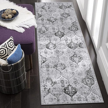 Lahome Moroccan Trellis Washable Runner Rug, 2x6 Kitchen Runners for Hallways 6 Feet Non Slip, Vintage Laundry Room Rug Ultra-Thin Long Carpet for Bathroom Bedroom Entryway, Silver/Grey