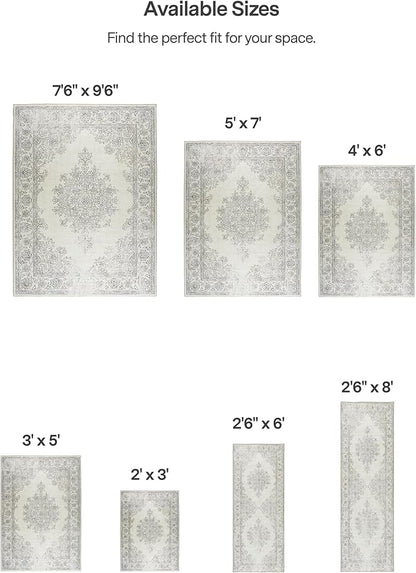 ReaLife Rugs Machine Washable Area Rug - Living Room Bedroom Bathroom Kitchen Entryway Office - Padded Low Pile Stain Resistant Premium - Boho Farmhouse Vintage - Paige - Ivory 7'6" x 9'6"