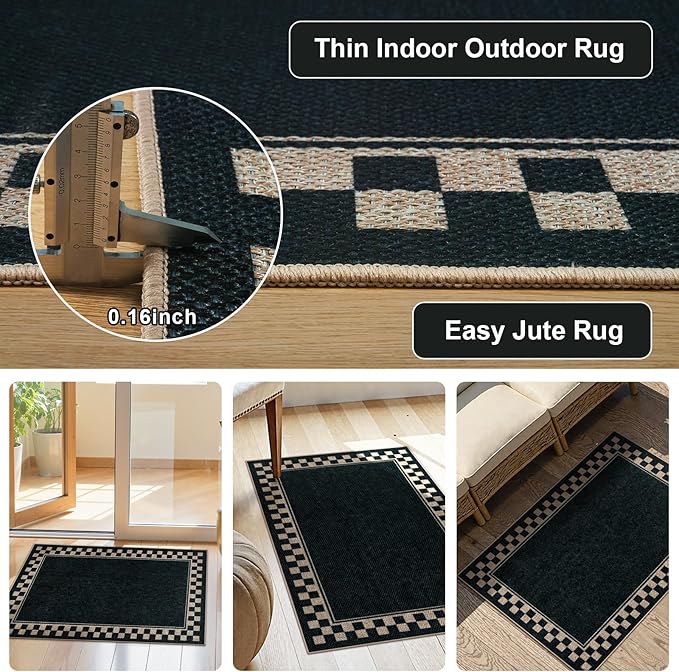 OJIA Easy Jute Runner Rug, 2x6 Kitchen Runner Washable Rug Runners for Hallways Farmhouse Checkered Carpet, Non-Slip Indoor Outdoor Runner Modern Door Mat for Entry Front Door Entryway Porch