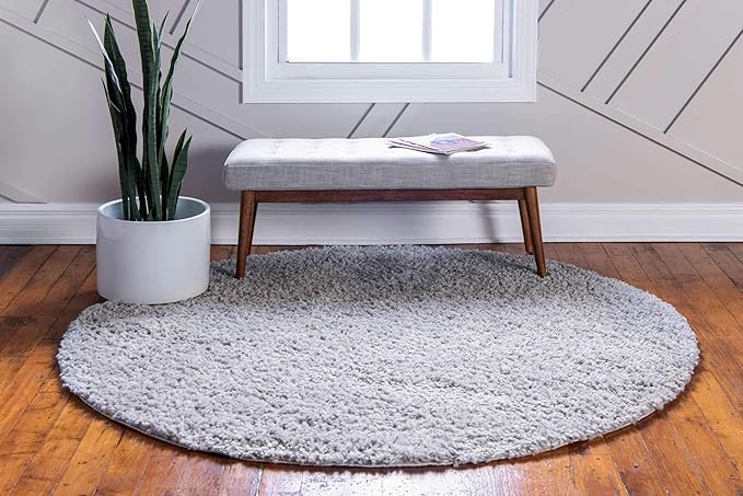 Unique Loom Davos Shag Collection Area Rug - Solid (4' 1" Round, Sterling)
