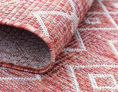 Unique Loom Outdoor Trellis Collection Area Rug - Tribal Trellis (4' 1" Round, Rust Red/ Ivory)