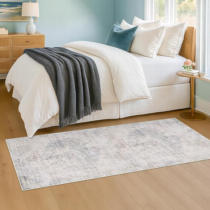 Light Blue 2x5 Kitchen Rug Runner Non Slip - Non Slip Washable Rug for Bathroom, Laundry Room, Hallway, Unique Tan Abstract Eclectic Runner Décor
