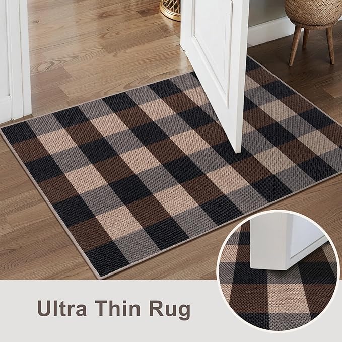Tangsoo Checkered Easy Jute Rug, 2x3 Washable Ultra Thin Rug for Entryway Non-Slip Black Brown Outdoor Rug,Modern Front Door Mat Carpet for Kitchen Bedroom Porch Doorway