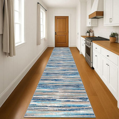 Modern Abstract Runner Rug 3x18, Blue Washable Long Kitchen Runner Non-Slip Soft Hallway Rug Runner Ultra Thin Print Faux Wool Carpet for Entryway Bedroom Laundry Room Indoor Home Decor