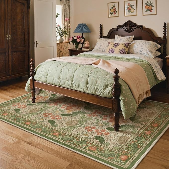 Bavni 6x9 Area Rugs, Floral Machine Washable Rugs for Living Room, Dinning Room, Bedroom, Non Slip Aesthetic Vintage Low Pile Durable Lightweight Farmhouse Rug, Sage Green & Burnt Orange