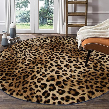 Leopard Rug 5ft Round Area Rugs Washable Print Non-Shedding Round Rug Soft Non-Slip Circle Carpet for Bedroom Living Room Dining Room Nursery Kitchen