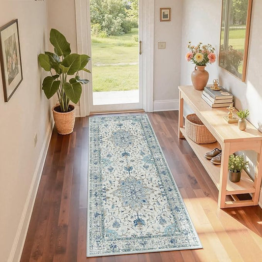 Area Rugs 2'x6' Washable Non-Slip, Floral Vintage Distress Print Pattern Medallion Carpet for Living Room Bedroom Dining Room, Light Blue Navy Beige Gray White