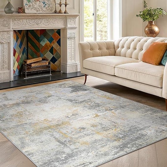AMADA HOMEFURNISHING 5x7 Area Rugs for Living Room, Modern Abstract Washable Rug Neutral Soft with Non-Slip Backing & Low Pile Kids Rug for Resistant, Bedroom, Nursery Home Office, Beige