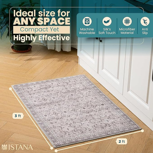 Istana Rugs 2x3 - Beige Grey/Light Cream Area Rug - Foldable 2x3 Washable Rug Non Slip - Anti-Slip Home Area Rugs - Soft Microfiber Non Skid Area Rug