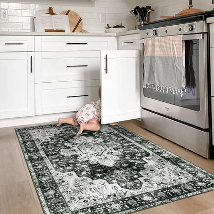 Moynesa Ultra-Thin Washable Vintage Area Rug - 3x5 Boho Entryway Rug Oriental Medallion Living Room Mat Non-Slip Non-Shedding Stain Resistant Indoor Accent Carpet for Kitchen Bedroom, Black/White