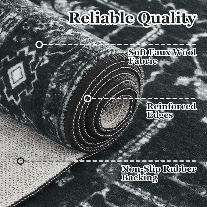 Black White Large 10x14 Area Rugs, Washable Non Slip Big Rug for Living Room Bedroom, Distressed Medallion Vintage Dark Big Carpet Rugs for Dinig Room Family Rooms, Low Pile Thin