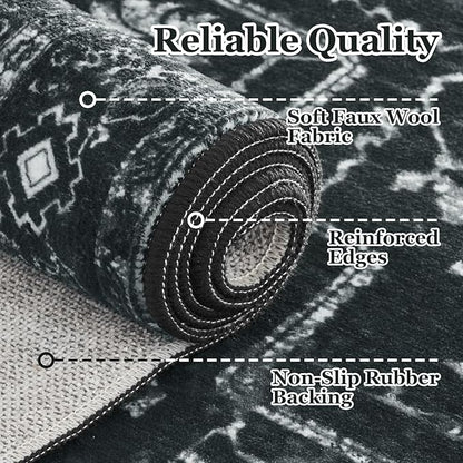 Dark Distressed Washable Area Rugs 9x12 Living Room, Black Vintage Medallion Printed Big Carpet Rugs for Bedroom, Washable Non Slip Low Pile Thin Rugs for Dining Room Home Office
