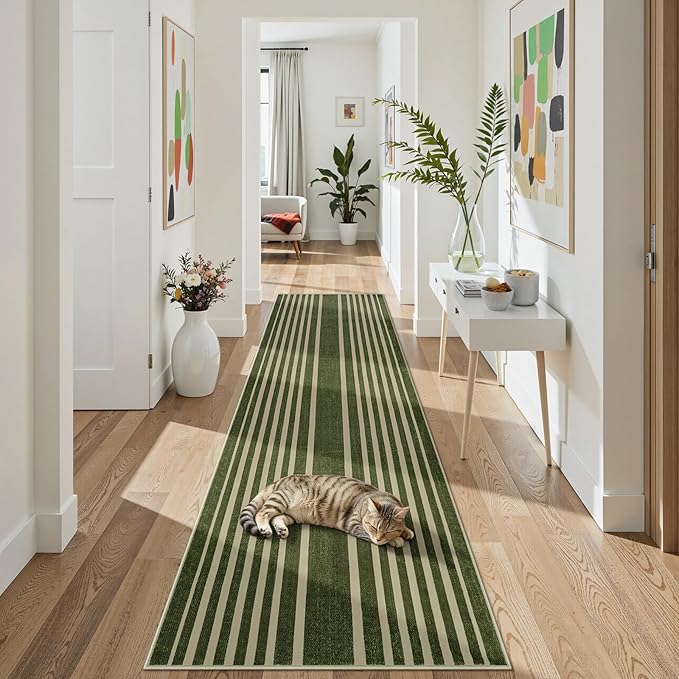 Beeiva Striped Modern Bathroom Runner, 2.5x8 Green Washable Runners for Hallways Entryway, Bohemian Non Slip Non Shedding Low Pile Carpet for Porch, BedroomIndoor Kithchen Laundry Room Porch Bedroom