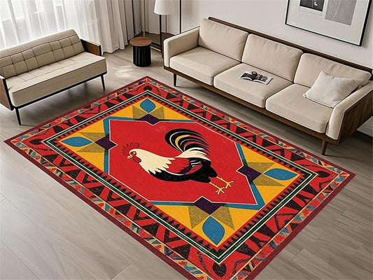 Country Rooster Rugs，4x5ft,Colorful Geometric Rooster Pattern Rug，Rooster Pattern Colorful Rug. Ethnic Vintage Design Non-Slip Washable Floor Mat for Living Room Bedroom Farmhouse Home Office