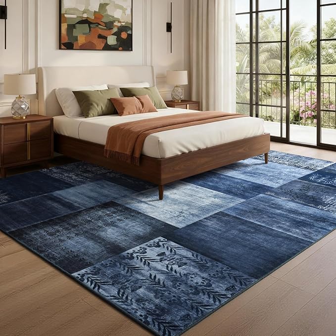 DweIke Washable Area Rugs for Living Room, 4x6 Soft Bedroom Rugs, Geometric Print Non-Slip Modern Rug, Stain Resistant Throw Carpets for Office Nursery Dining Room Home Dorm Decor, Navy Blue