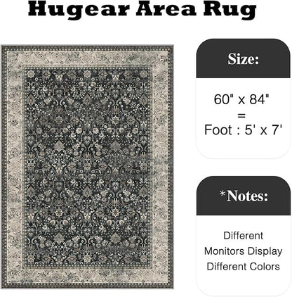 HUGEAR 5x7 Machine Washable Rugs Black Beige Hallway Area Rug Indoor Accent Rug Floral Low Pile Carpet Soft Throw Aesthetic Rug Bedroom Living Room Office Dining Room Laundry Room Non Slip