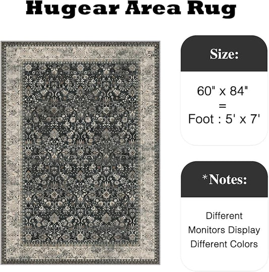 HUGEAR 5x7 Machine Washable Rugs Black Beige Hallway Area Rug Indoor Accent Rug Floral Low Pile Carpet Soft Throw Aesthetic Rug Bedroom Living Room Office Dining Room Laundry Room Non Slip