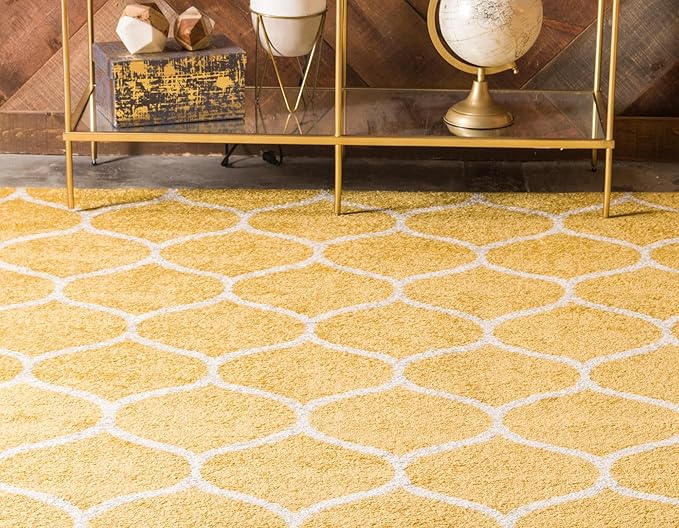 Rugs.com Lattice Frieze Collection Rug – 7' Square Yellow Medium Rug Perfect for Living Rooms, Kitchens, Entryways
