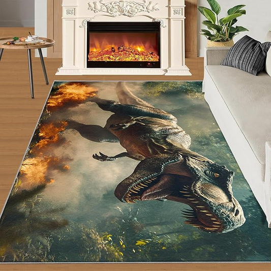 Dinosaurs Rugs for Bedroom - 3x4 Area Rug - Flame Dinosaurs Rugs for Living Room, Forest Landscape Rug, Washable Home Decor Carpet