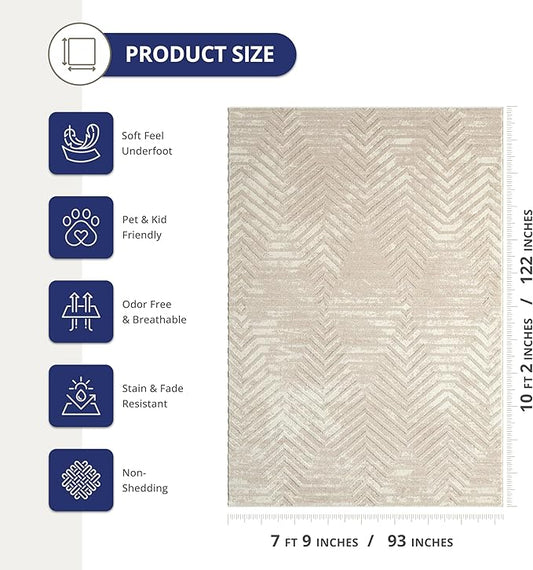Abani Terra Cream 8' x 10' Area Rug for Living Room, Bedroom - Geometric Lines Pattern - Durable & Easy to Clean
